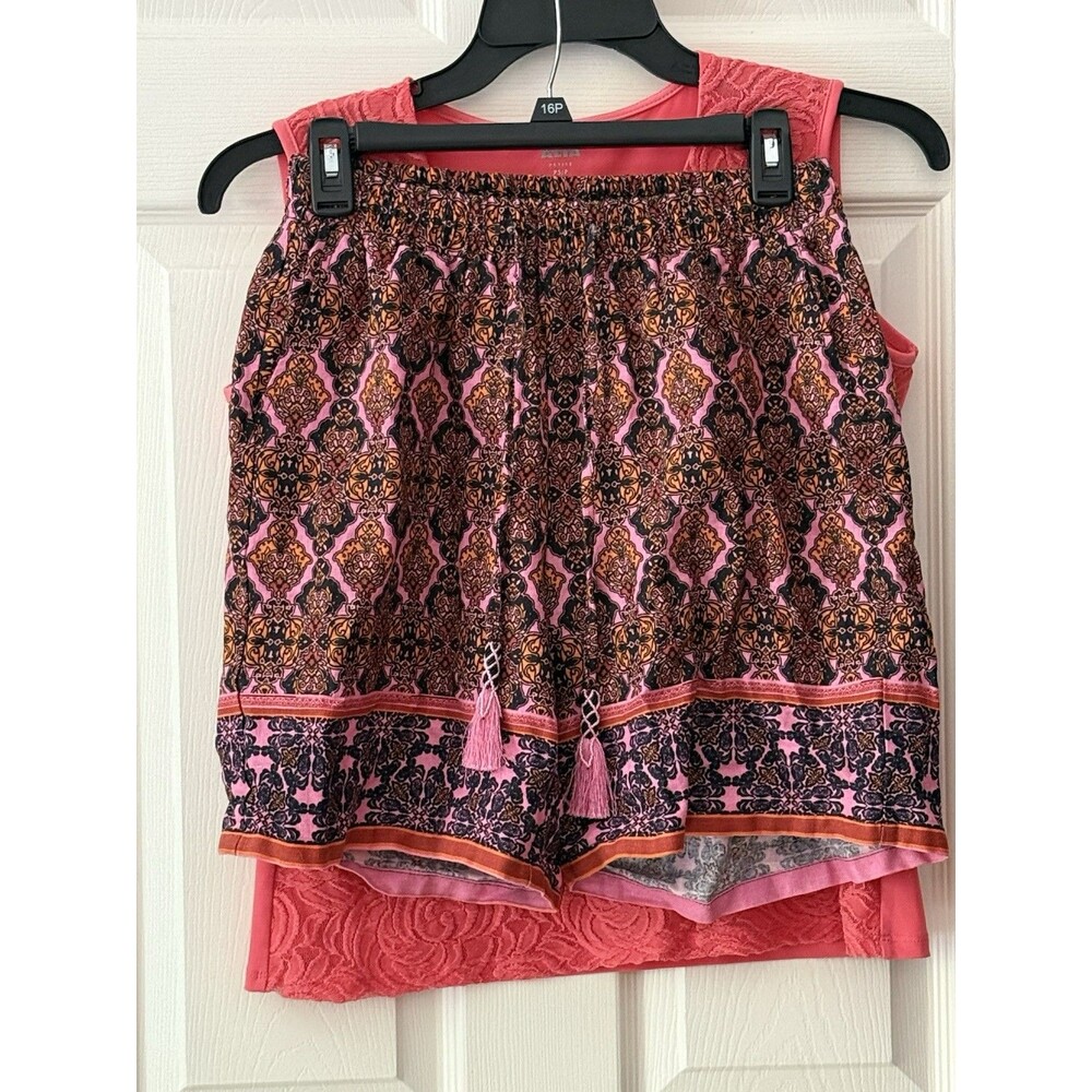 Pink Coral Tank Top + Boho Bohemian Floral Paisley Shorts Set Size 12 Women’s
